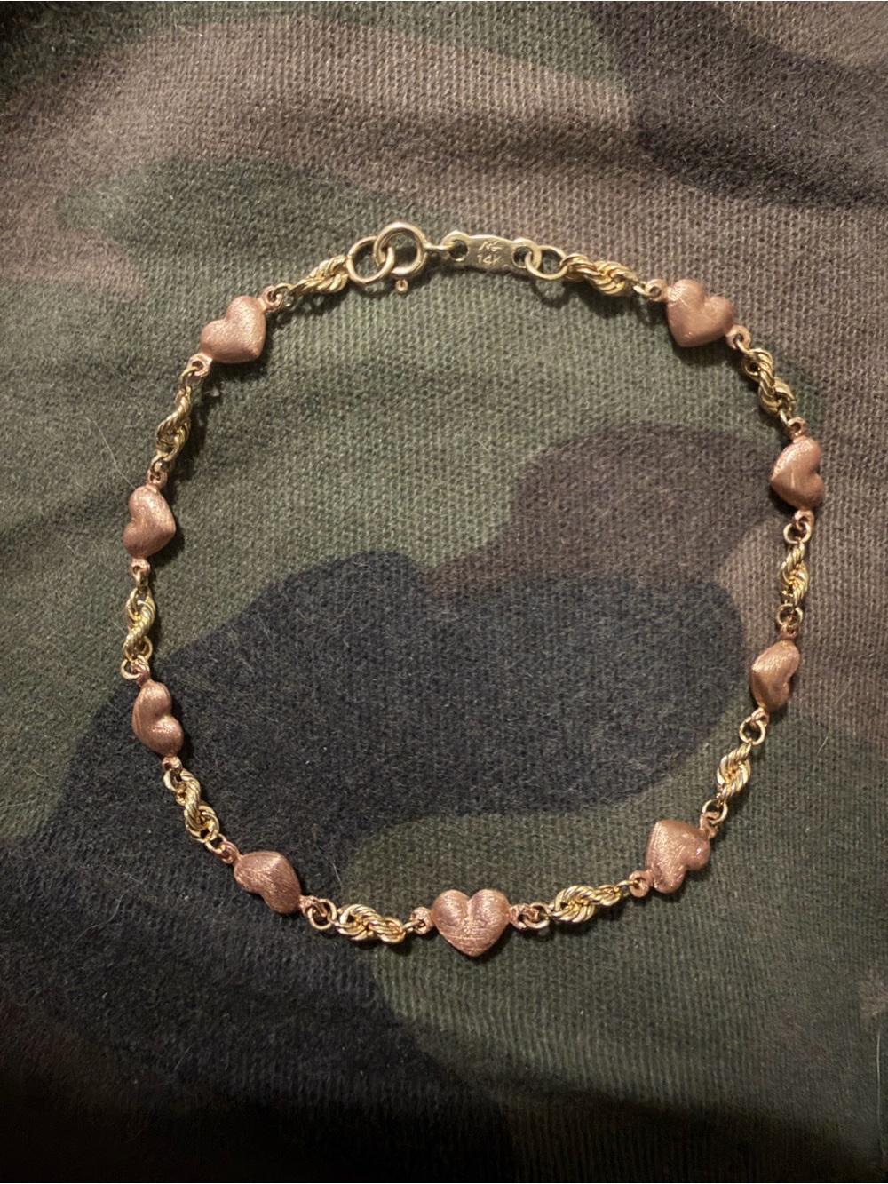 14K Two Tone Yellow Rose Gold Heart Rope Bracelet 2.13g 7 inch